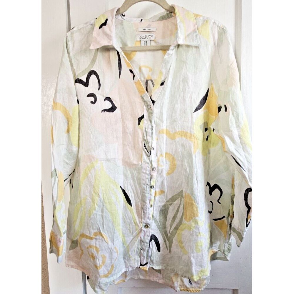 Rachel Zoe 100% Linen floral print‎ roll tab sleeve button down shirt 1X